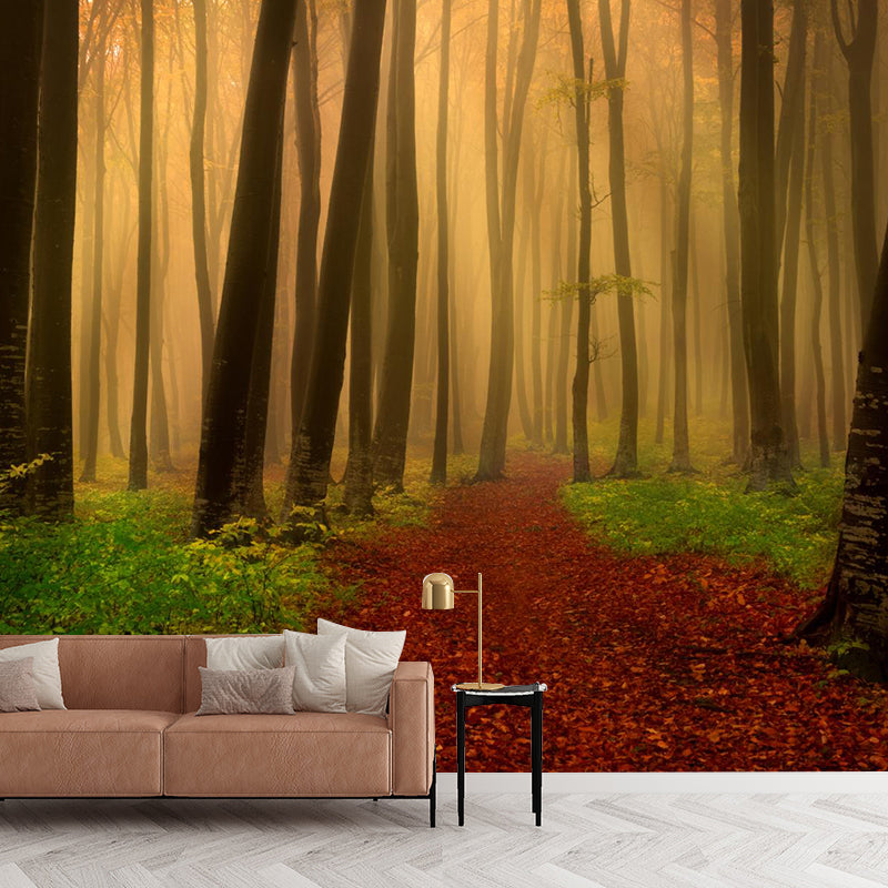 Brehn | Hedendaagse Mistige Bos Muurdecal Pastel Kleur Natuurlijke Landschap Muurcovering