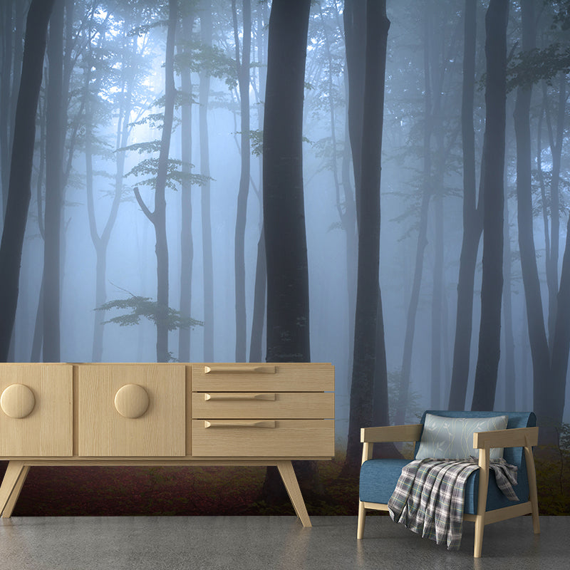 Brehn | Hedendaagse Mistige Bos Muurdecal Pastel Kleur Natuurlijke Landschap Muurcovering