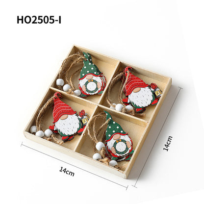 Weihnachts-Holzanhänger-Set, 4-teilige Box mit Wichtel-Motiven