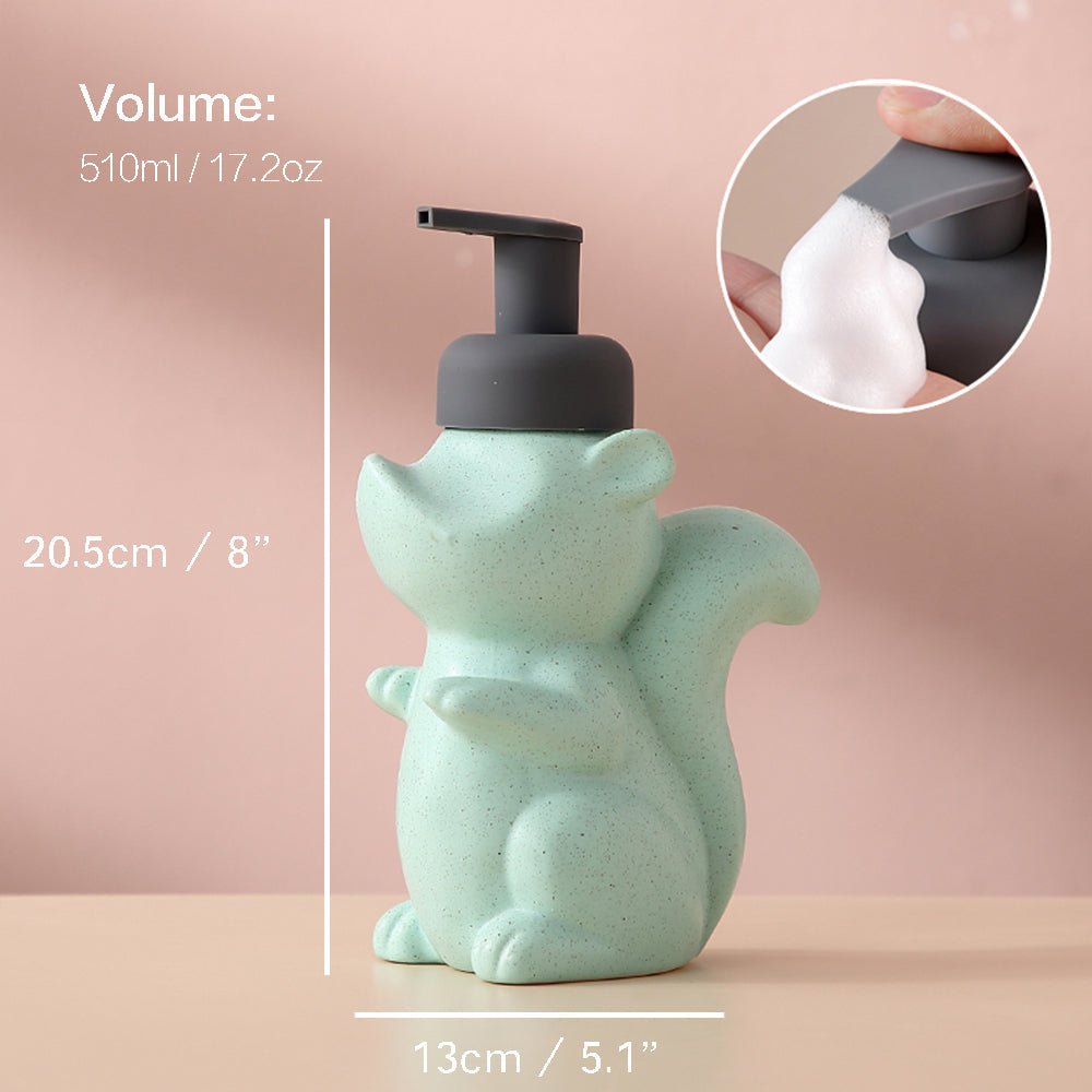 Brehn | Keramischer Seifenspender, Eichhörnchen Schaum-Pumpen Badezimmerflasche, Tierdesign, nachfüllbare wiederverwendbare Lotion-Pumpe für Badezimmer Küche, 510ml/17,2oz