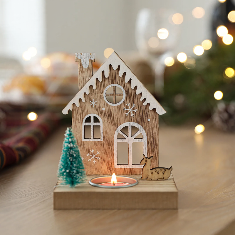Dekorativer Holz-Weihnachtskerzenhalter, 12 cm