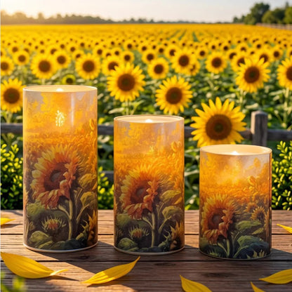 LED-Kerzen-Set mit Sonnenblumen-Motiv, 3-teilig