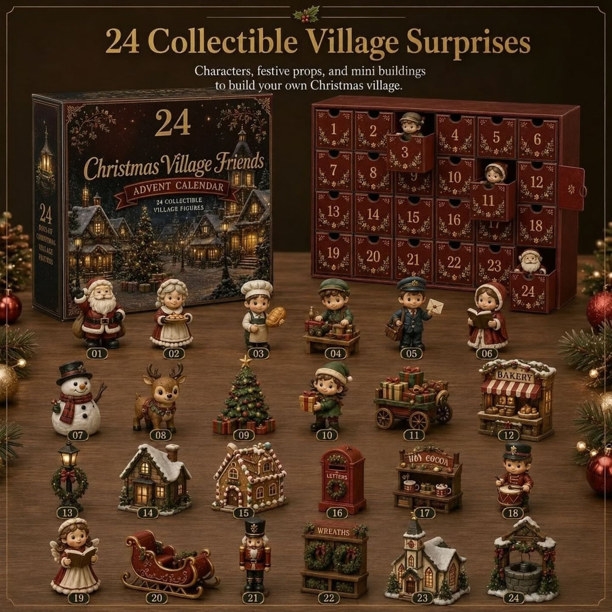 Weihnachtsdorf-Adventskalender, Acryl-Hängedekoration