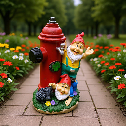 Wichtelfigur mit roter Mütze und Hydranten-Motiv