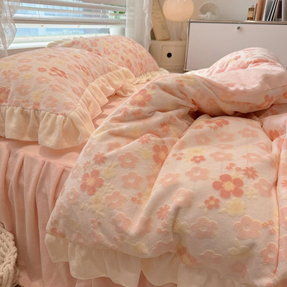 Milchfaser-Fleece Bettwäsche-Set, Blumenmuster, Winter