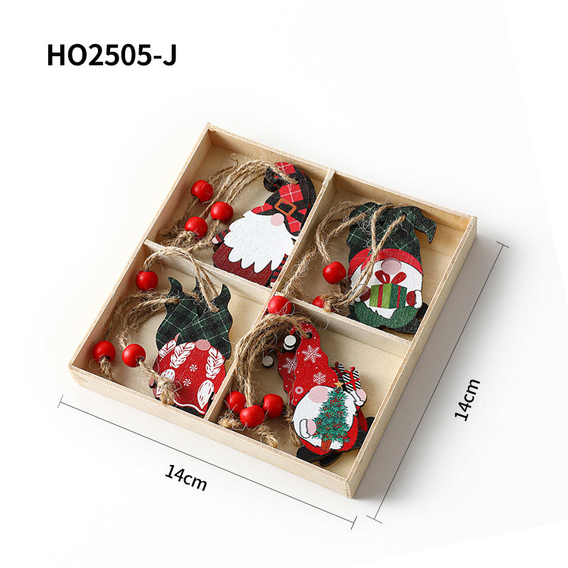 Weihnachts-Holzanhänger-Set, 4-teilige Box mit Wichtel-Motiven