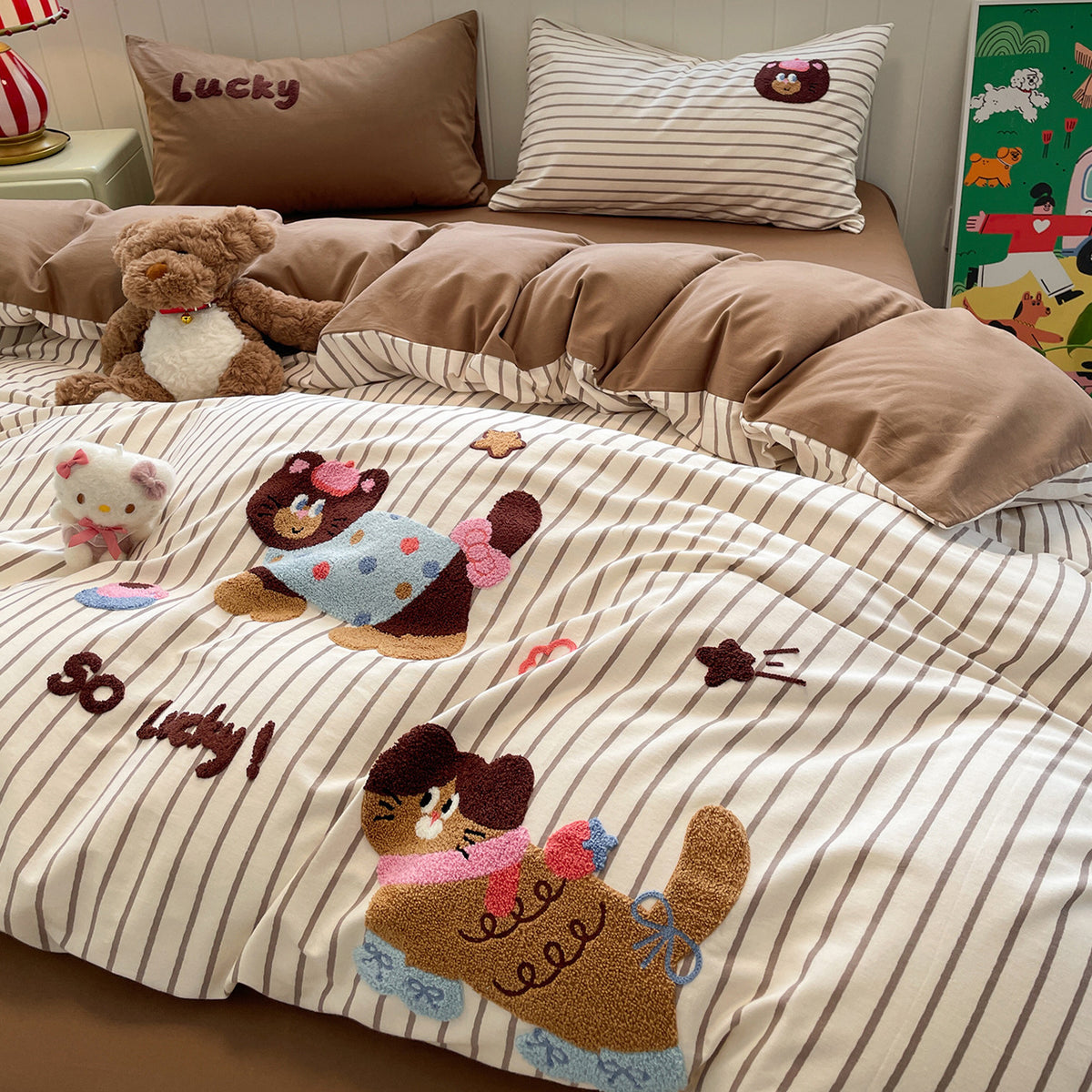Baumwoll-Bettwäsche-Set mit Cartoon-Stickerei