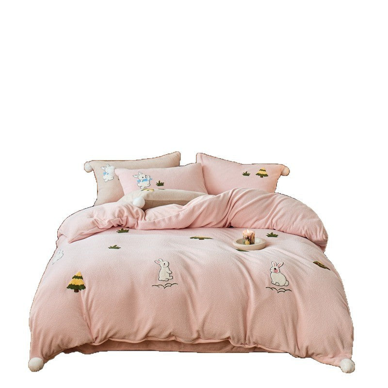 4-teiliges Milchfleece-Bettwäsche-Set mit Stickerei