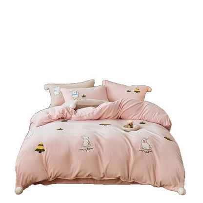 4-teiliges Milchfleece-Bettwäsche-Set mit Stickerei