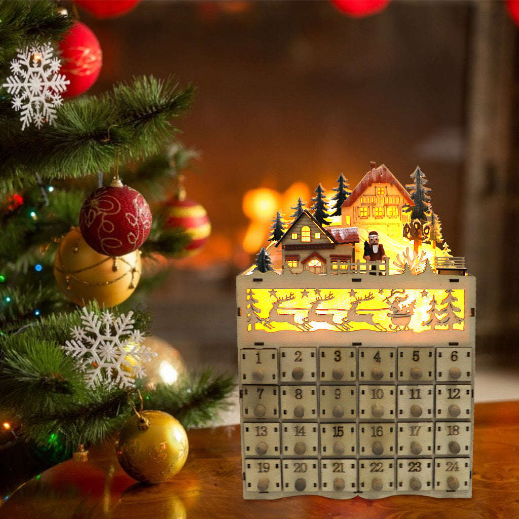 Weihnachtlicher Adventskalender aus Holz mit Dorf-Szene