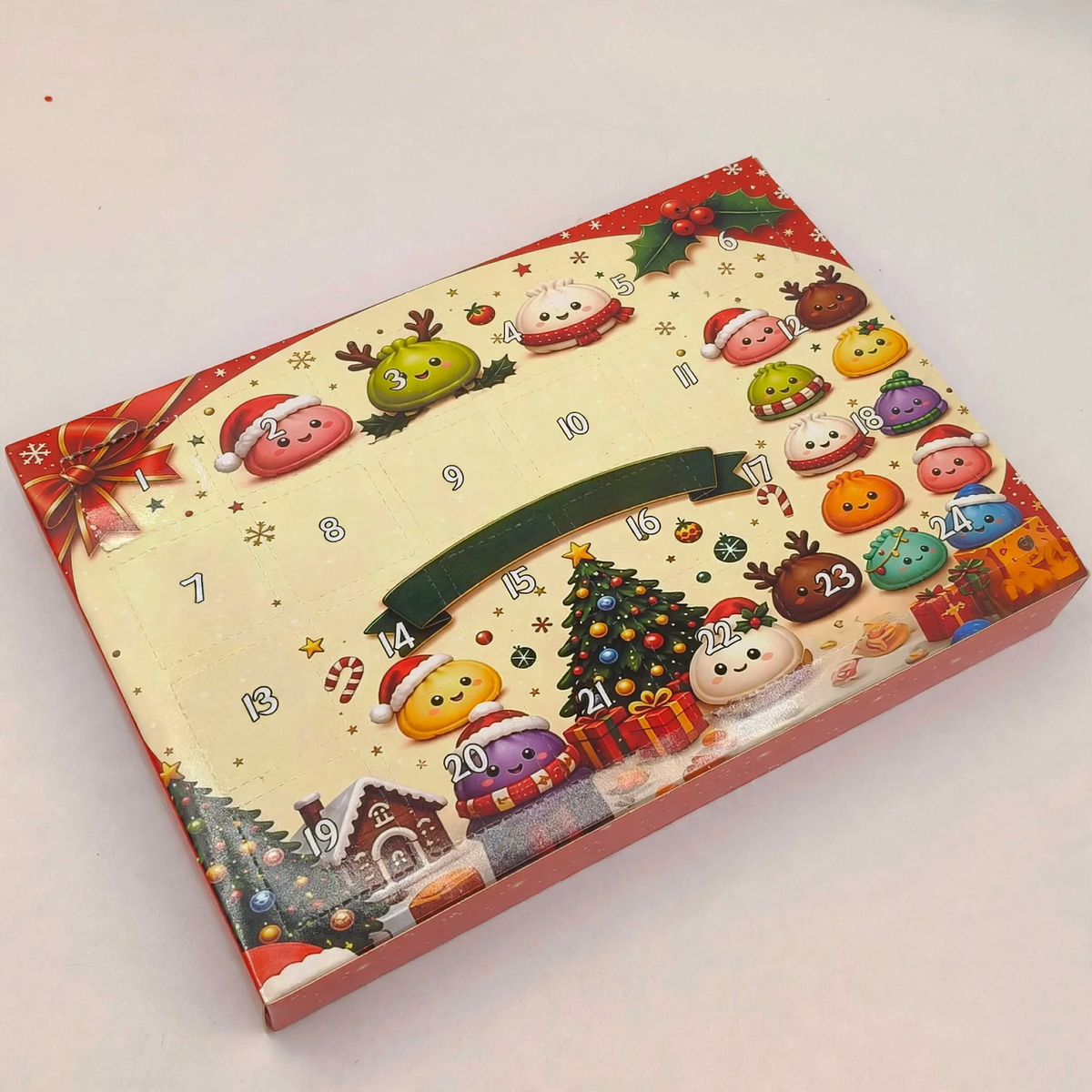 Adventskalender mit 24 Quetschfiguren in Obst- und Gemüseform