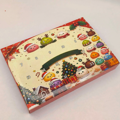 Adventskalender mit 24 Quetschfiguren in Obst- und Gemüseform