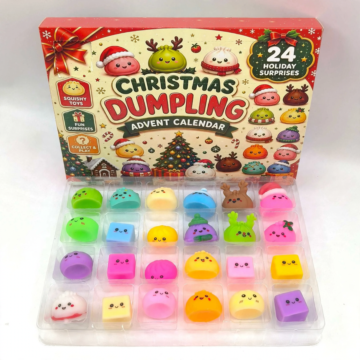 Adventskalender mit 24 Quetschfiguren in Obst- und Gemüseform