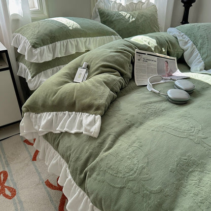 Flauschiges Milchfaser-Fleece Bettwäsche-Set mit Spitzenbesatz