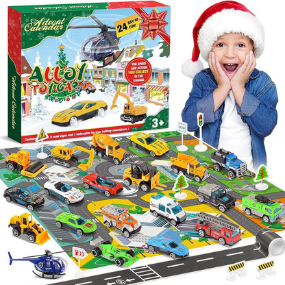 Weihnachts-Adventskalender mit Spielzeugfahrzeugen