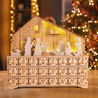 LED-Adventskalender aus Holz, Krippenszene