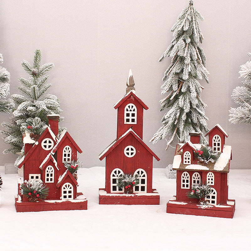 Beleuchtetes rotes Holzhaus, Weihnachtsdekoration
