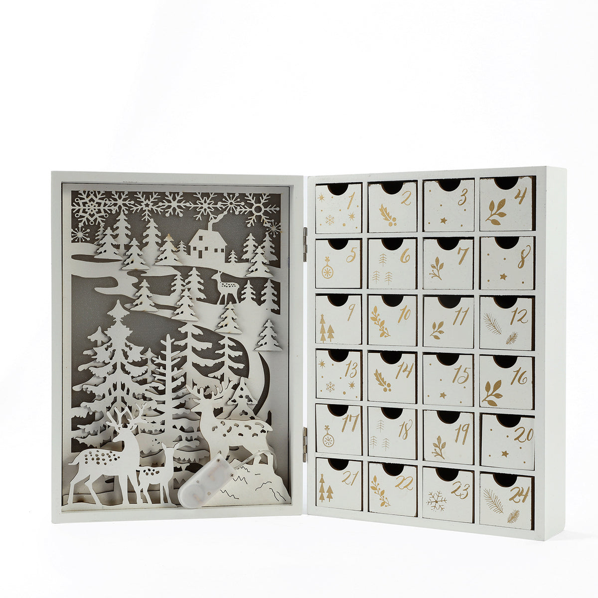 Holz-Adventskalender mit LED-Beleuchtung und Rentier-Motiv