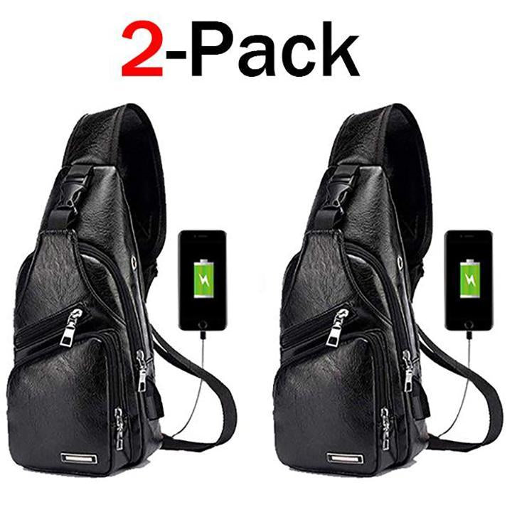 Brehn | Große Herren-Leder-Tasche Brust-Rucksack Wasserfester Crossbody-Bag mit USB