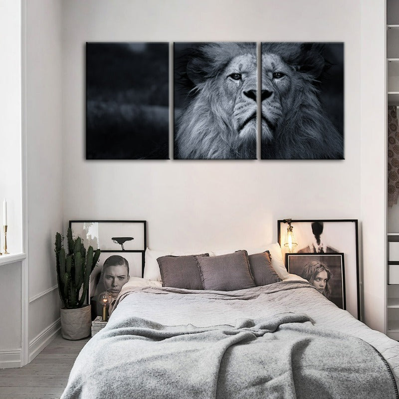 Graustufen Besorgter Löwe-Leinwand Wandkunst Gemälde 3 Teile