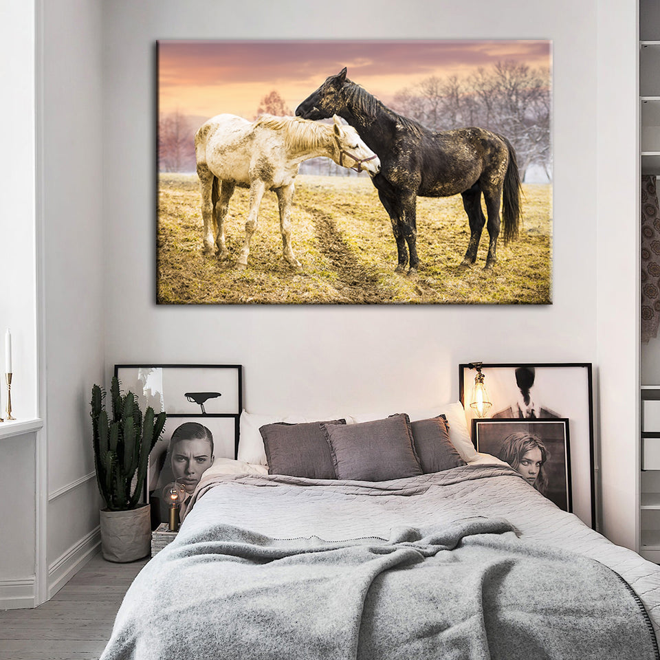 Schwarze & Weiße Pferde - Leinwand Wandkunst Gemälde