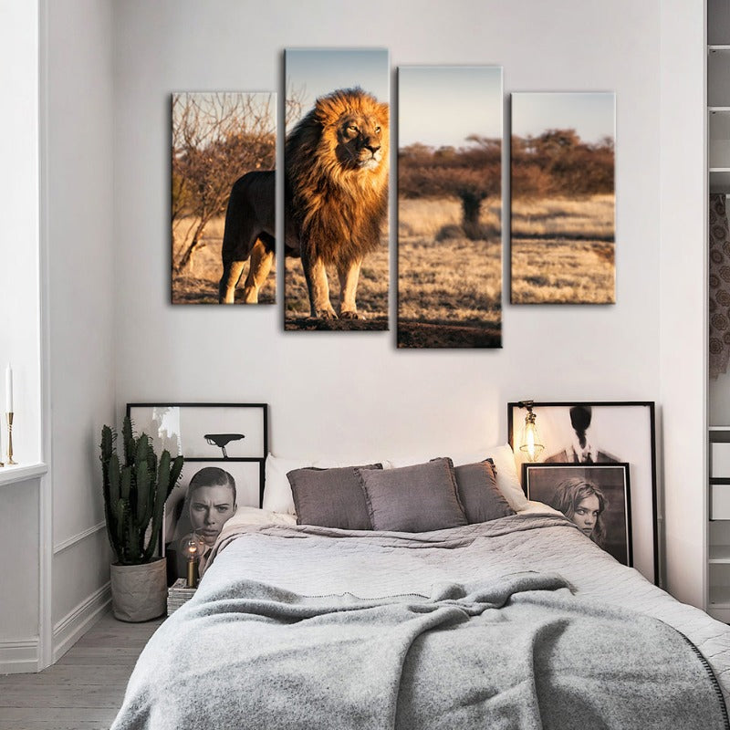 4-teiliger majestätischer Löwe im Sonnenlicht - Leinwand Wandkunst Malerei