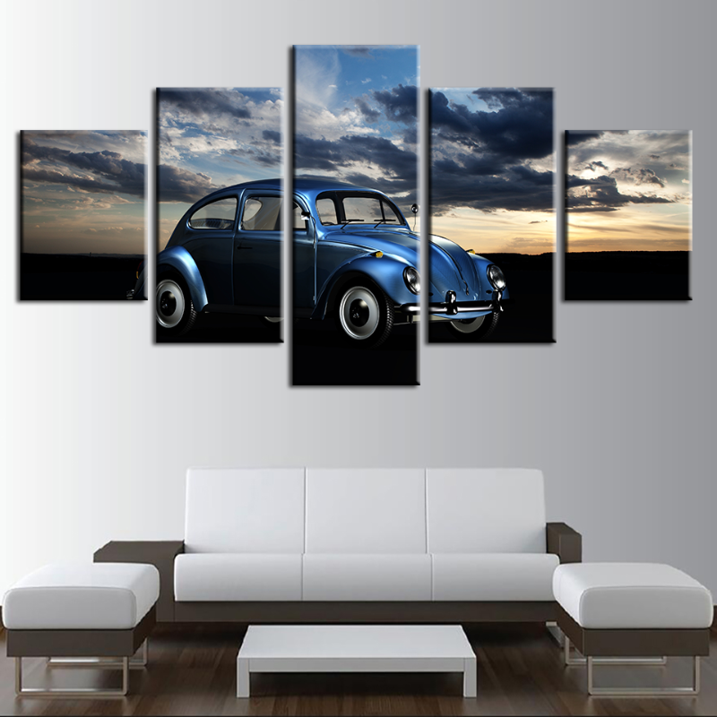 5 Teile - Wolkig - Blau Klassisches Vintage Auto - Leinwand Wandkunst Gemälde
