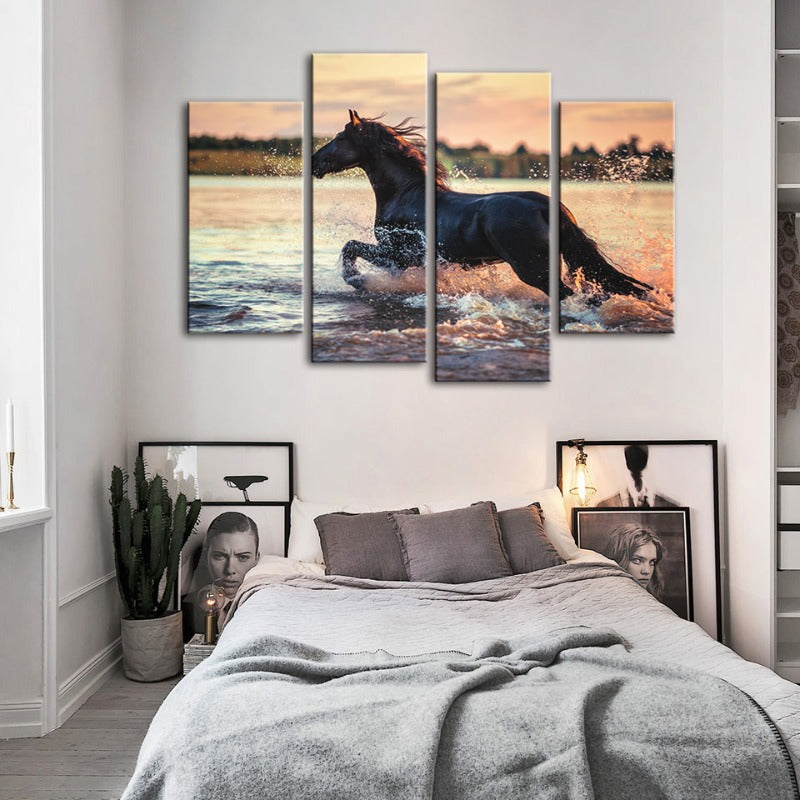 4-teilige laufende Pferde im Wasser - Leinwand Wandkunst Gemälde