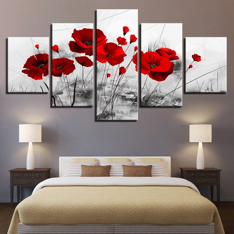 5-teiliges Wandbild mit roter Blume auf weißem Hintergrund - Leinwandkunst