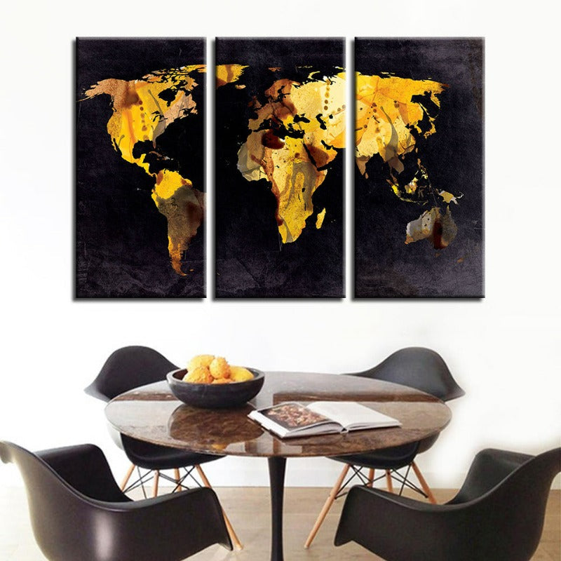 Schöne gelbe Blätter-Weltkarte-Leinwand Wandkunst Malerei 3 Teile
