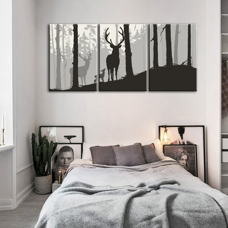 Silhouette einer Hirschfamilie – Leinwandbild, 3-teilig