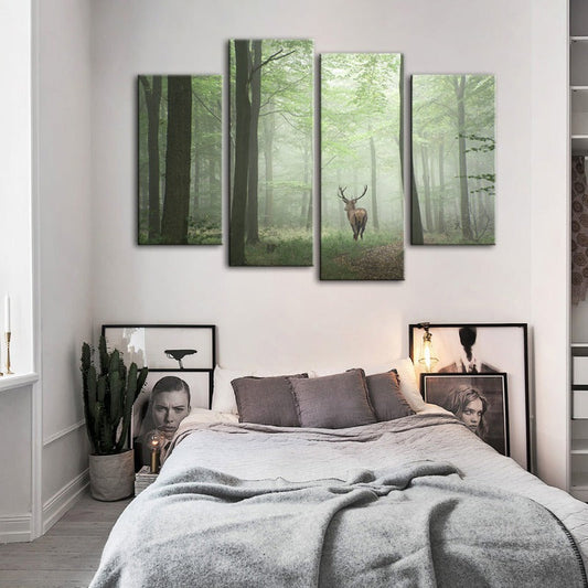 4 Stück Neblige Mystische Rehe im Wald - Leinwand Wandkunst Gemälde