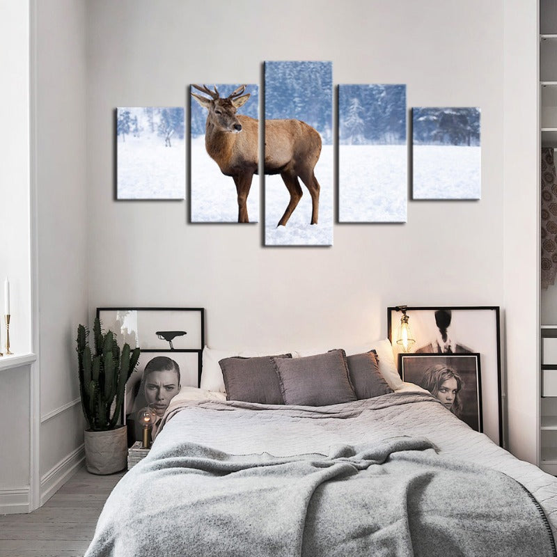 5-teilige verschneite Landschaft Reh - Leinwand Wandkunst Malerei