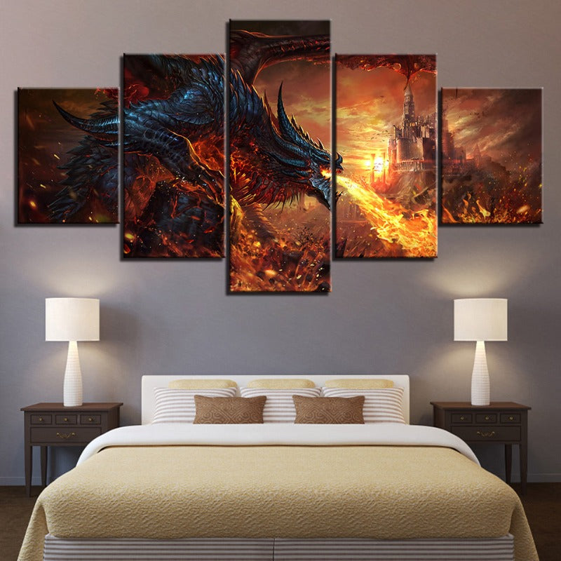 Dragon und Schloss - 5 Teile Leinwand Wandkunst Malerei