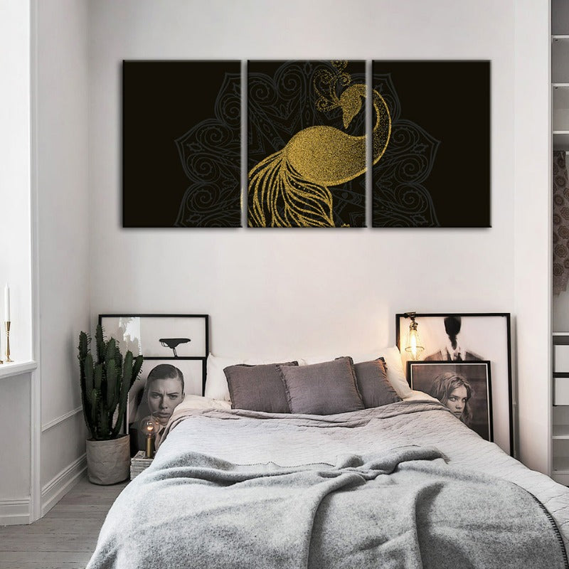 Abstraktes Goldenes Mandala Pfau - Leinwand Wandkunst Gemälde 3 Teile
