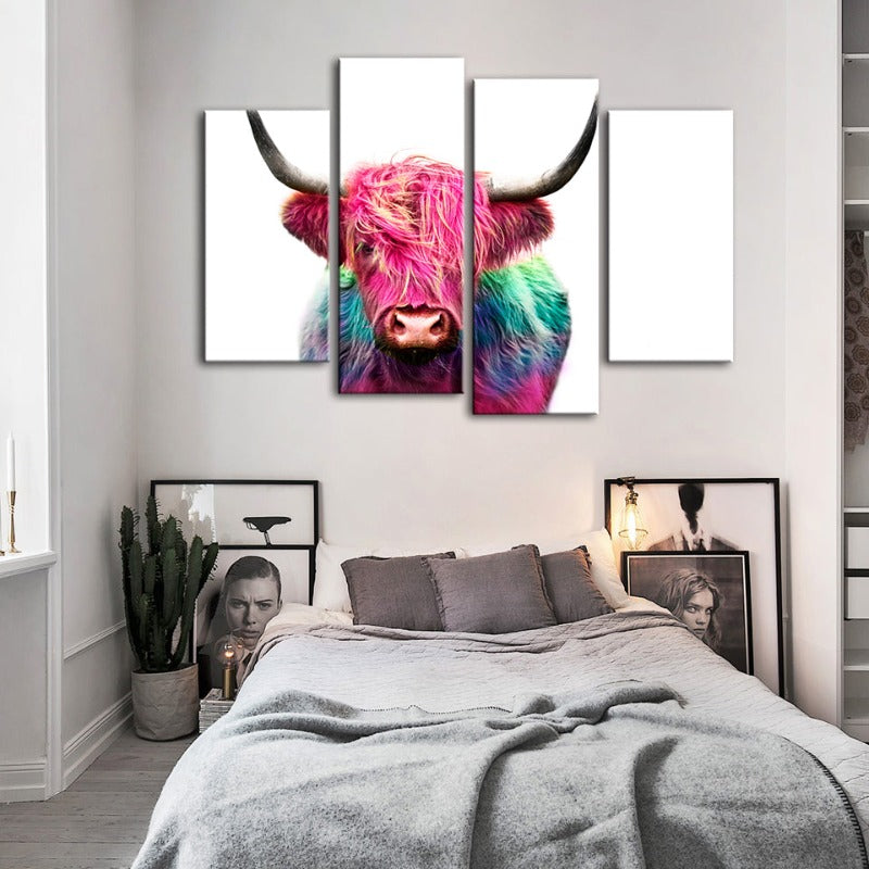 4-teiliges Farbige Pinke Kuh - Leinwand Wandkunst Gemälde