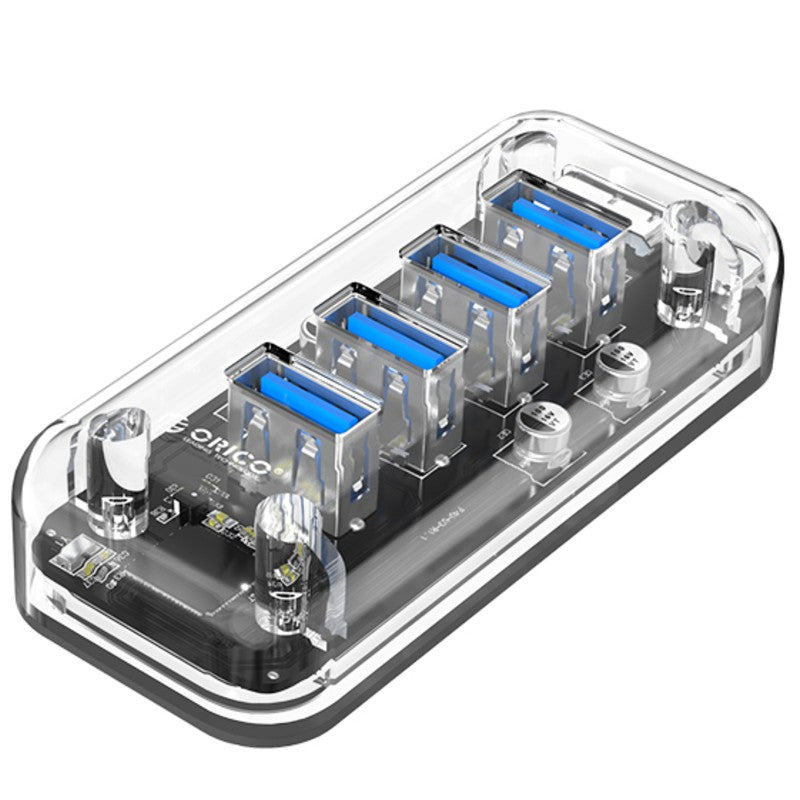 Brehn | 7-in-1 Transparenter USB3.0 Hub mit Stromversorgungsanschluss, für Büro, Studium, Spiele und mehr