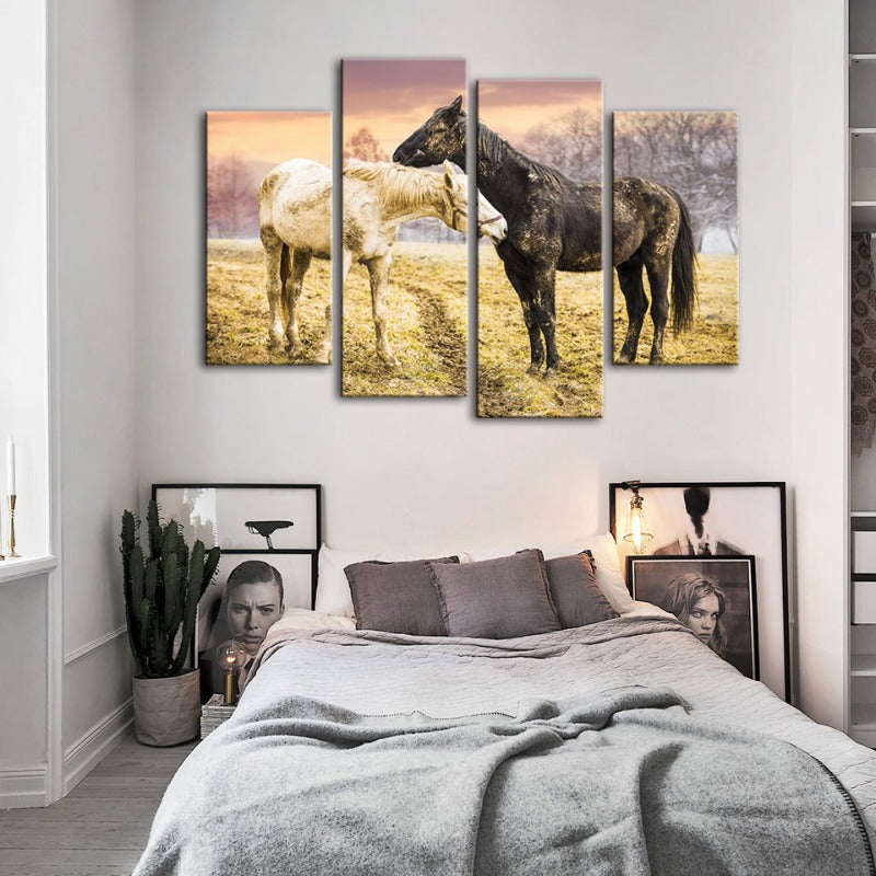 4-teilige Schwarz-Weiß-Pferde - Leinwand Wandkunst Gemälde | Brehn