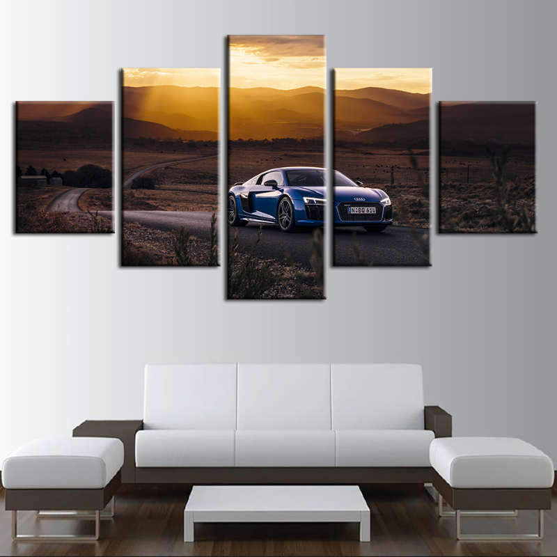 5 Stück Sonnenaufgang - Klassische blaue Metallic-Auto - Leinwand-Wandkunstmalerei