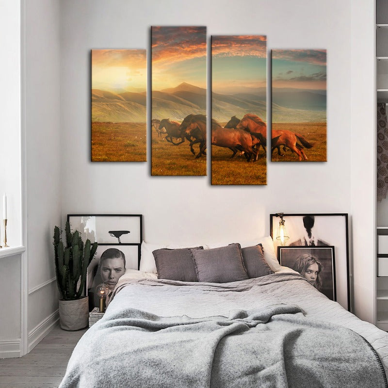 4 Stück Laufende Pferde Mit Schönem Landschaft - Leinwand Wand Kunst Malerei