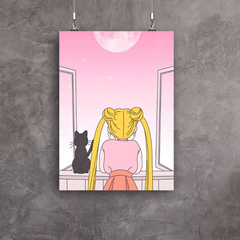 Mädchen Und Ihr Mond Katze - Leinwand Wandkunst Gemälde