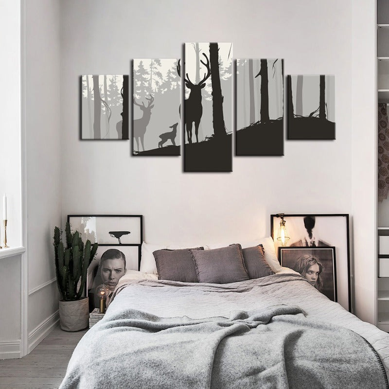 5-teiliges Silhouette Reh Familie - Leinwand Wandkunst Malerei