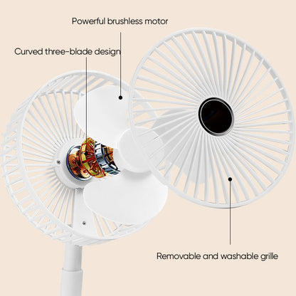 Tischventilator faltbar höhenverstellbar – Akku 2000 mAh, USB-C, 3 Geschwindigkeitsstufen, leise unter 40 dB, mit Handyhalter