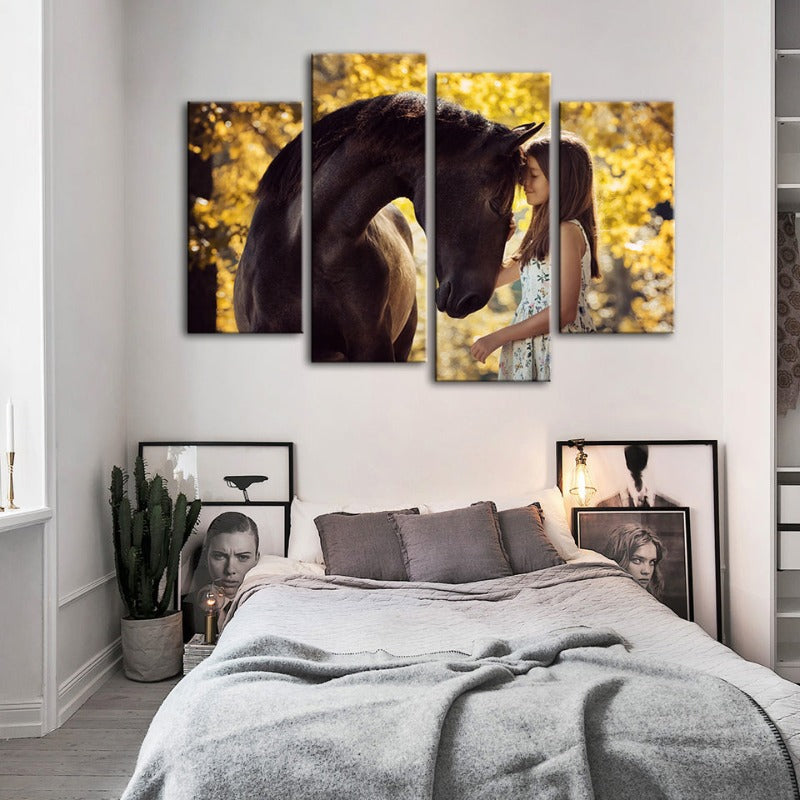 4-teilige Freundschaft zwischen einem Mädchen und einem Pferd - Leinwand Wandkunst Gemälde