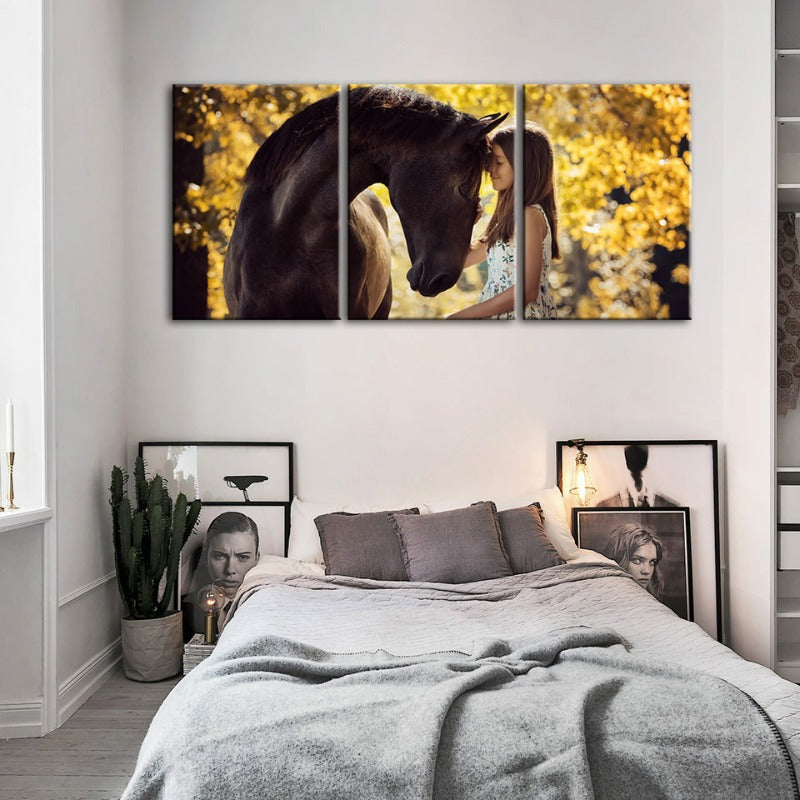 Freundschaft zwischen einem Mädchen und einem Pferd - Leinwand Wandkunst Malerei 3 Teile