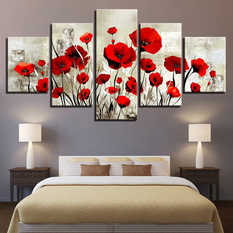 5 Stück Rote Tulpenblume - Leinwand Wandkunst Gemälde