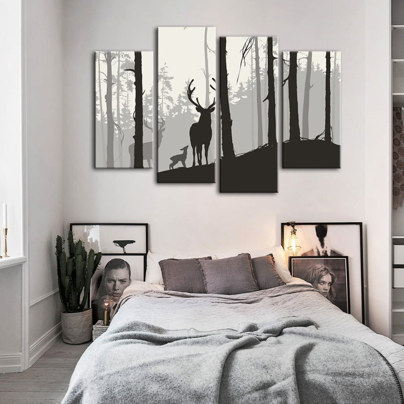 4 Stück Silhouette Hirsch Familie - Leinwand Wandkunst Malerei