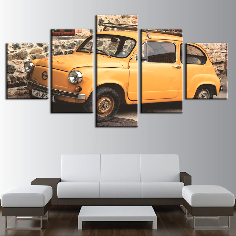 5-teiliges gelbes klassisches Vintage-Auto - Leinwand Wandkunst Gemälde