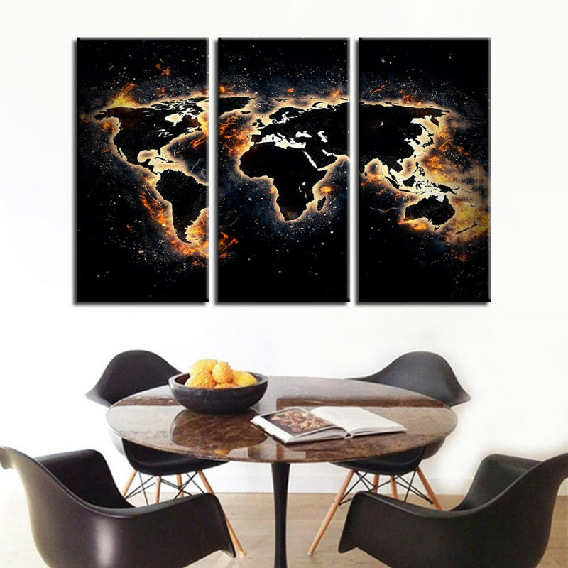 Feuer und schwarze Weltkarte - Leinwand Wandkunst Gemälde 3 Teile