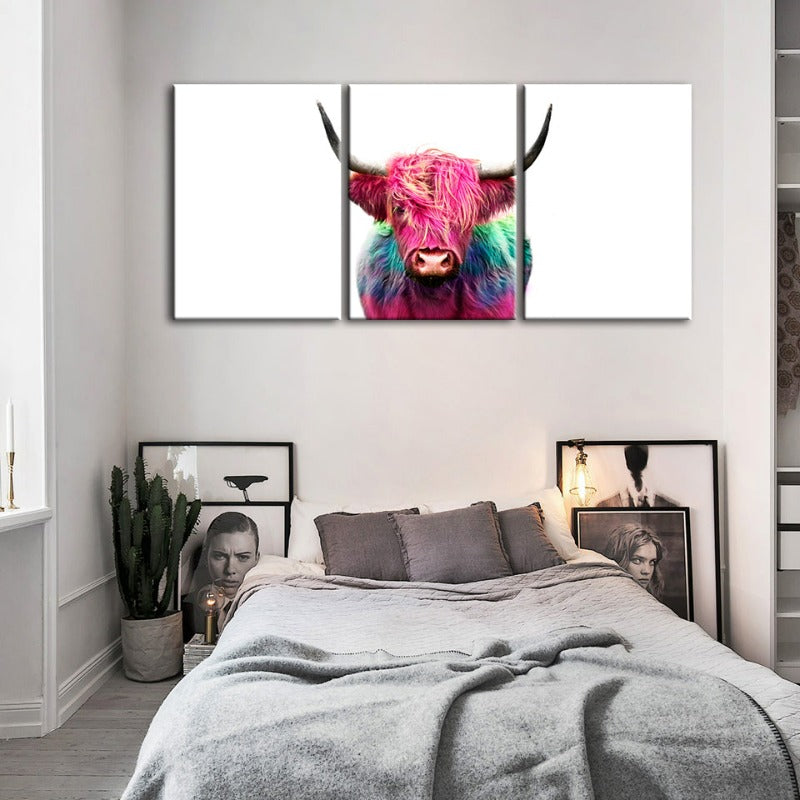Farbenfrohe pinke Kuh-Leinwand Wandkunst Gemälde 3 Teile
